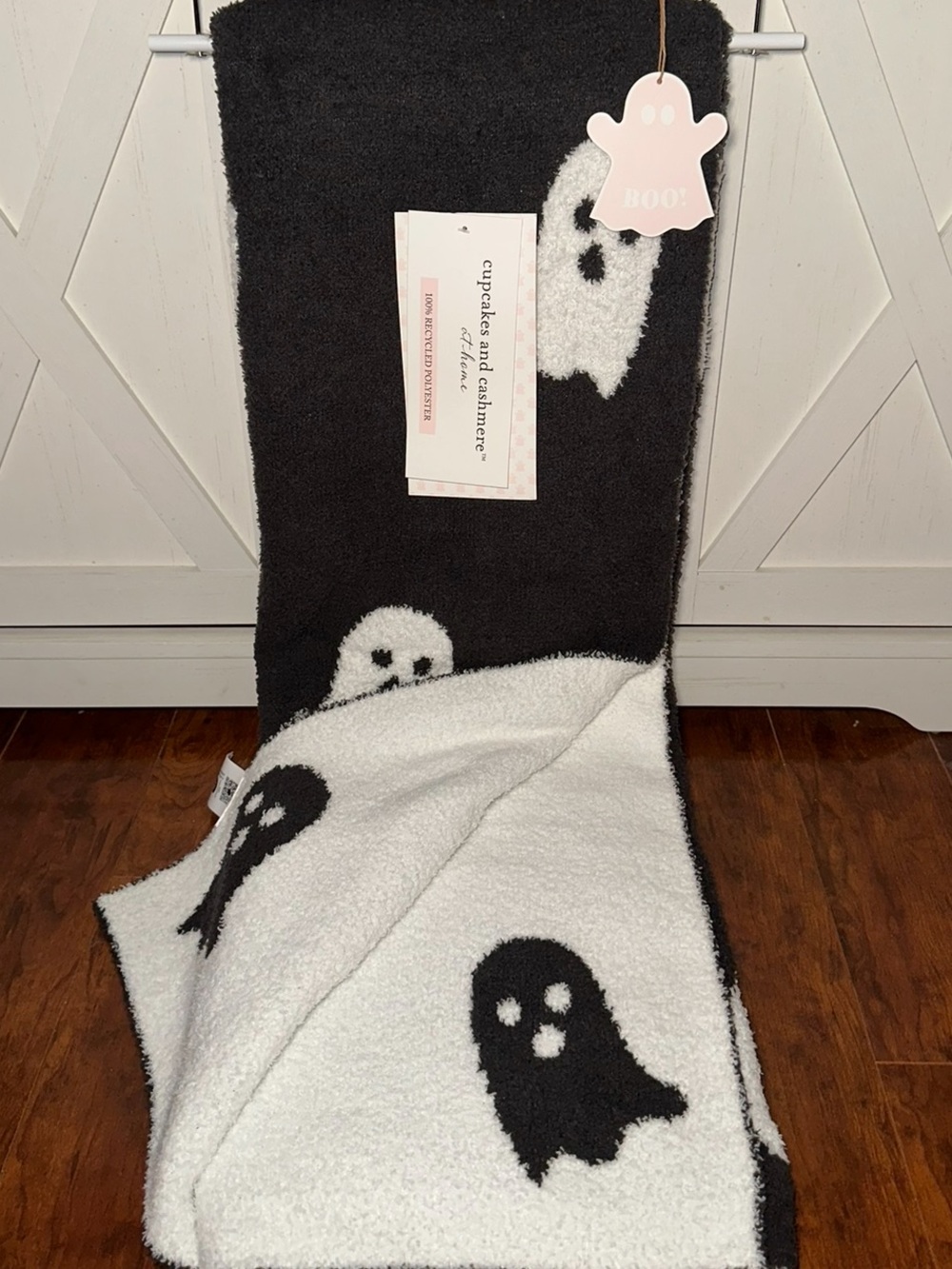 Cupcakes & Cashmere Black and White Ghost Decorative Halloween Throw Blanket